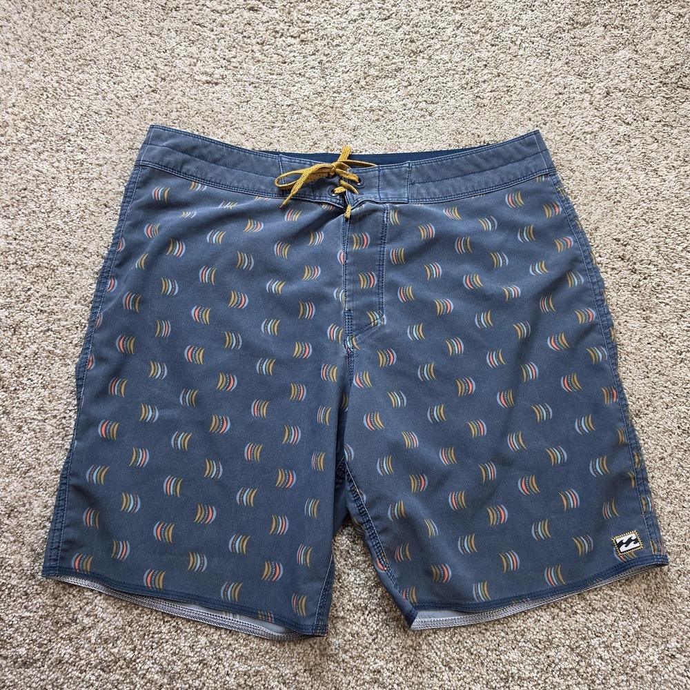 Billabong Board Shorts Mens 38 Blue Geometric Drawstring Back Pocket Surfing